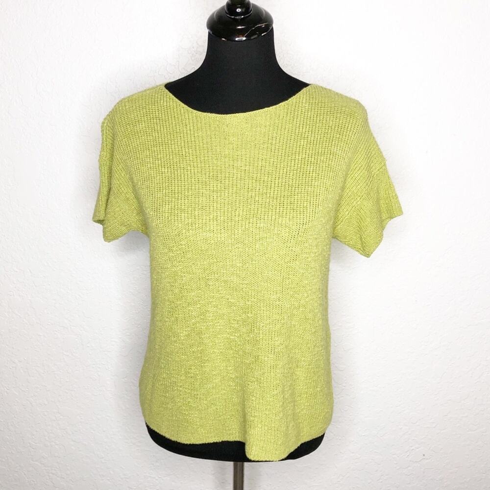 Eileen Fisher green organic cotton linen blend short sleeve sweater size PP